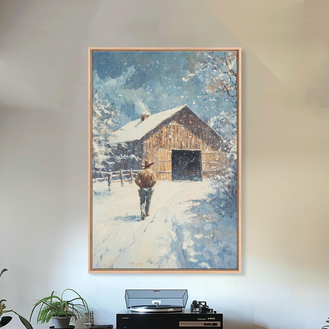 Cowboy Walking To Wooden Barn In Heavy Snow Winter Farm Scene Poster - Image 2