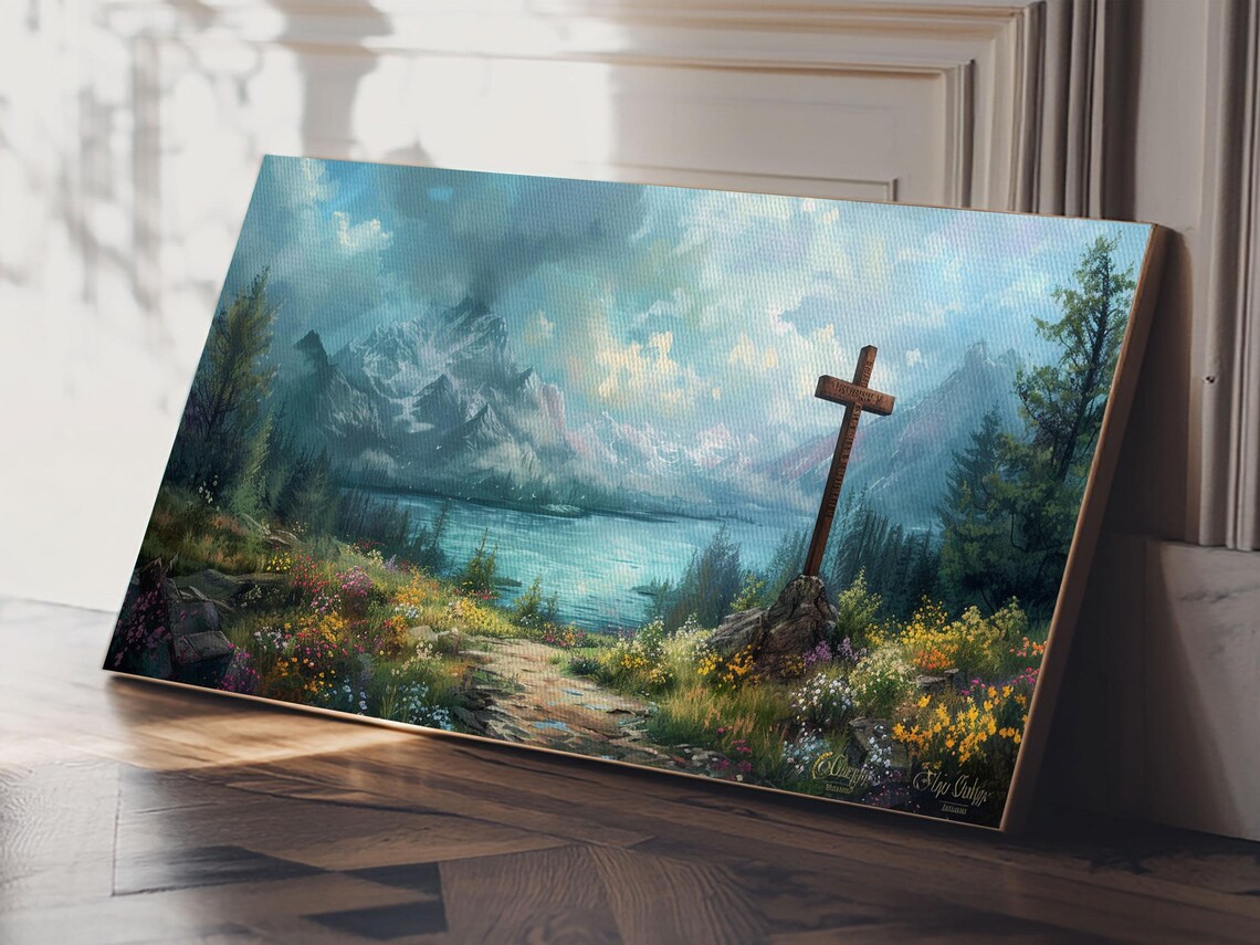 Wooden Cross In Mountain Lake Wildflower Meadow Christian Faith Wall Poster - Image 2