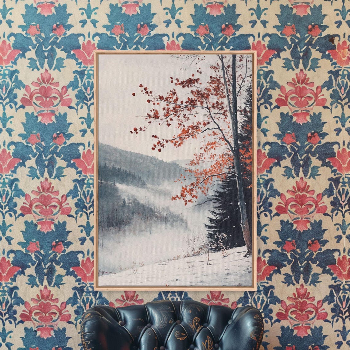 Snowy Mountain Valley Winter Snow Red Leaves Landscape Poster - Image 5