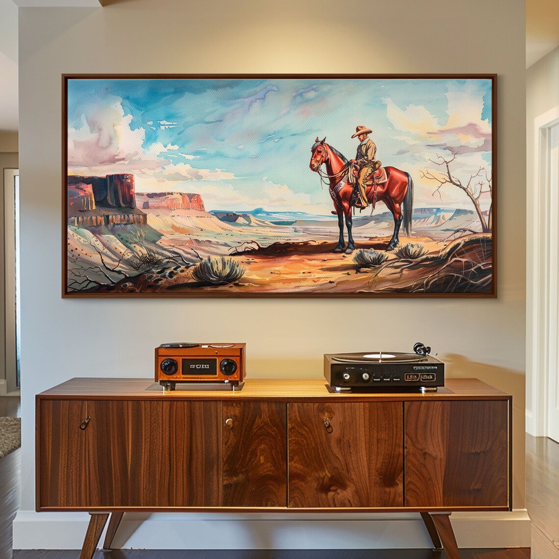 Cowboy on Horse Canyon Overlook Red Rock Western Watercolor Art Poster - Image 4