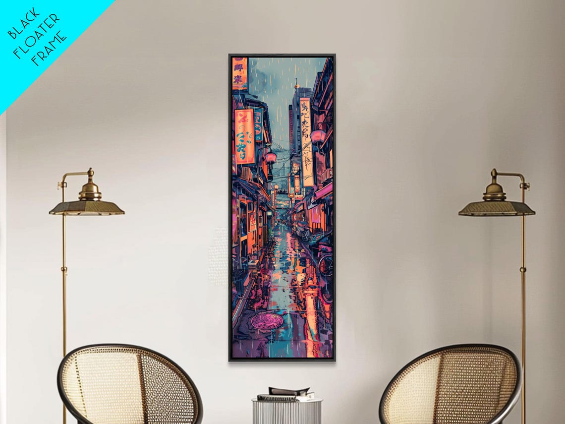 Vibrant Cityscape With Colorful Street Signs Skinny Art Tall Art Framed Print Japanese Style Art Ukiyo E Art Wood Block Print - Image 2