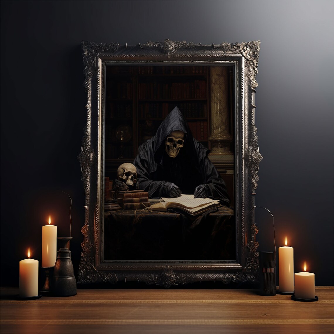 Grim Reaper in His Study, Gothic Halloween Art Print - Image 3