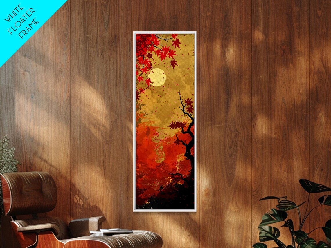 Japanese Red Maple Leaves Golden Moon Sky Autumn Woodblock Art Poster