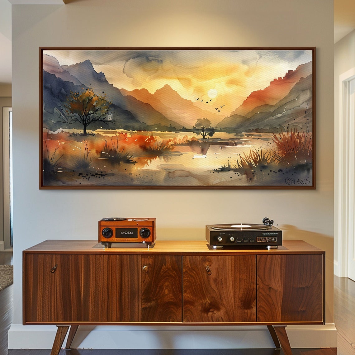 Golden Autumn Marsh Watercolor Mountain Lake Sunset Landscape Poster - Image 5