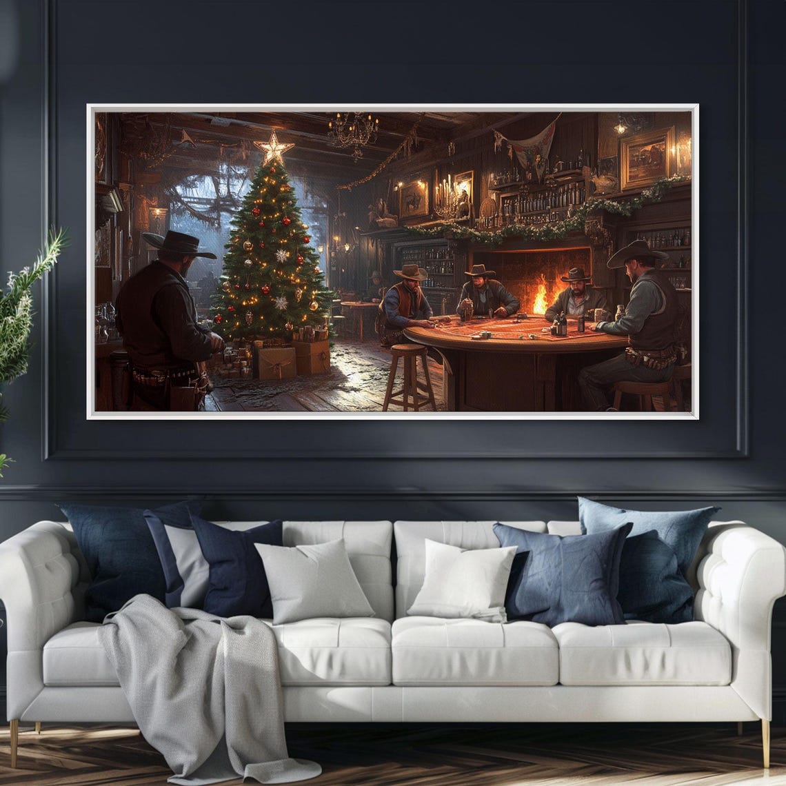 Western Saloon Christmas Cowboys Tree Fireplace Rustic Holiday Poster - Image 5