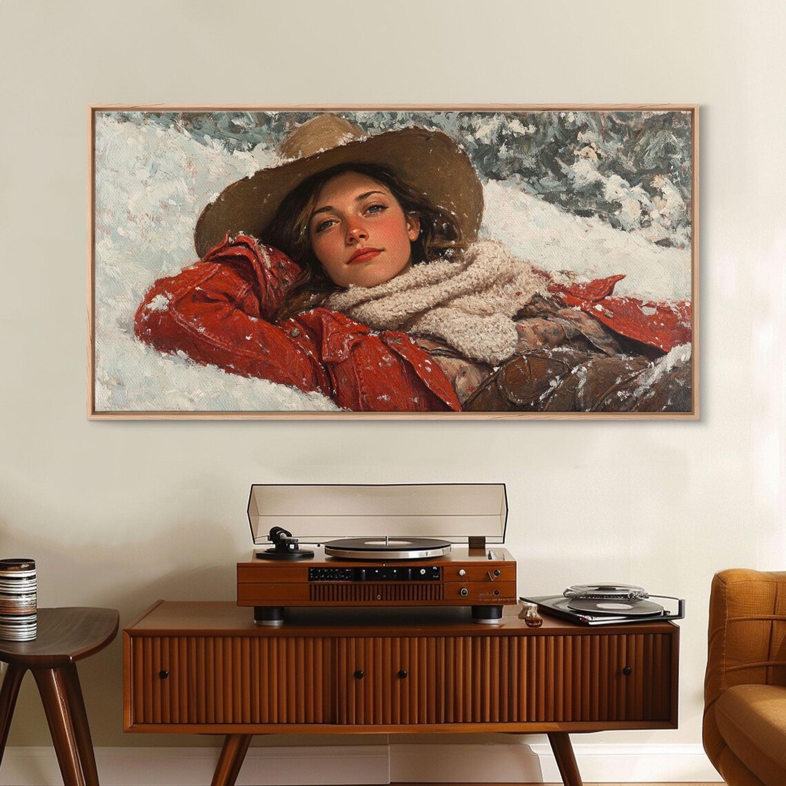 Cowgirl Lying In Snow In Red Jacket Peaceful Winter Portrait Poster - Image 4