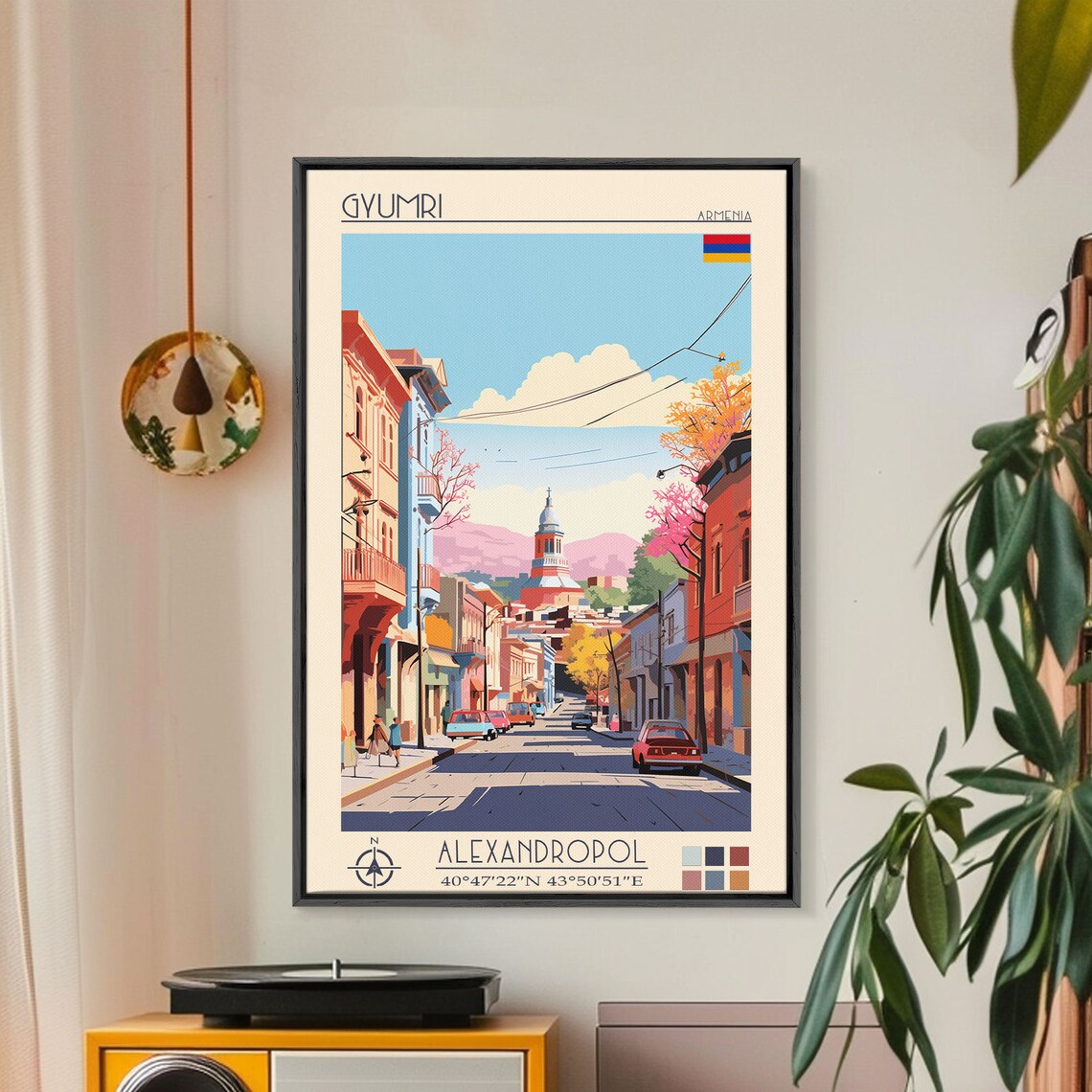 Gyumri Armenia Street Vintage Cars Bell Tower Pink Hills Poster - Image 2