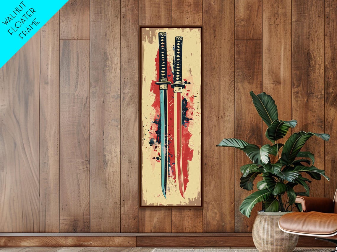 Pair Of Katana Swords With Red Ink Splash Japanese Pop Art Poster