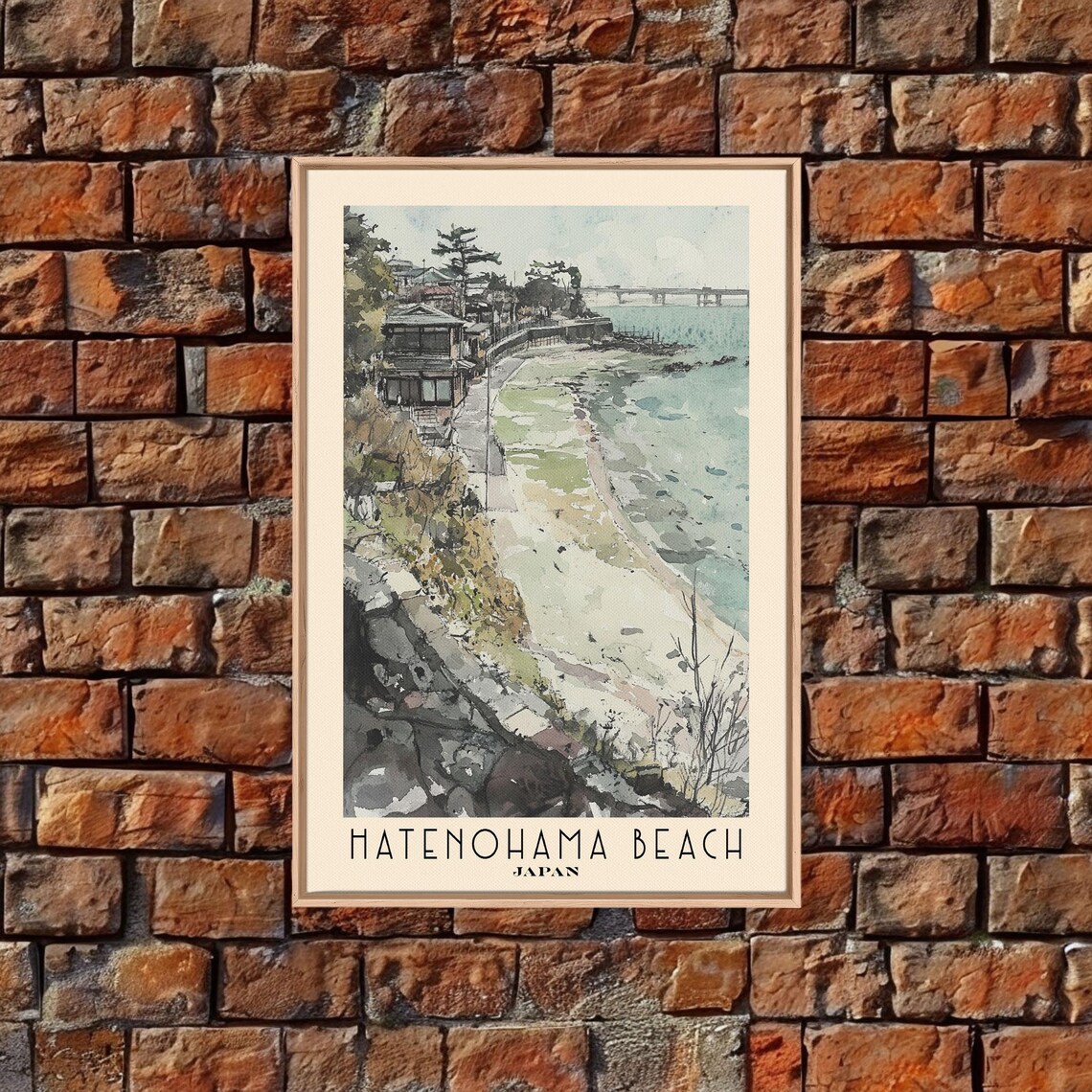 Hatenohama Beach Japan Ink Wash Coastal Town Watercolor Travel Poster - Image 4