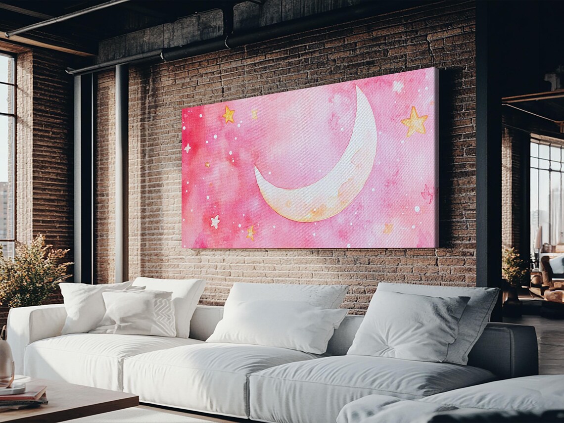 Pink Watercolor Crescent Moon And Gold Stars Celestial Night Sky Poster - Image 3