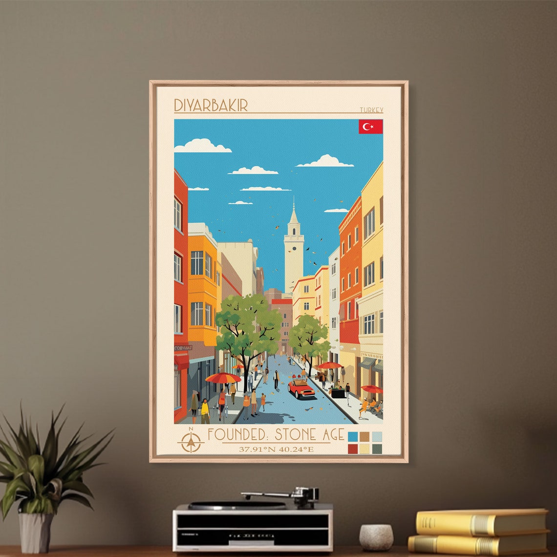 Diyarbakir Turkey Sunny Street Church Tower Cafe Umbrellas Poster - Image 2