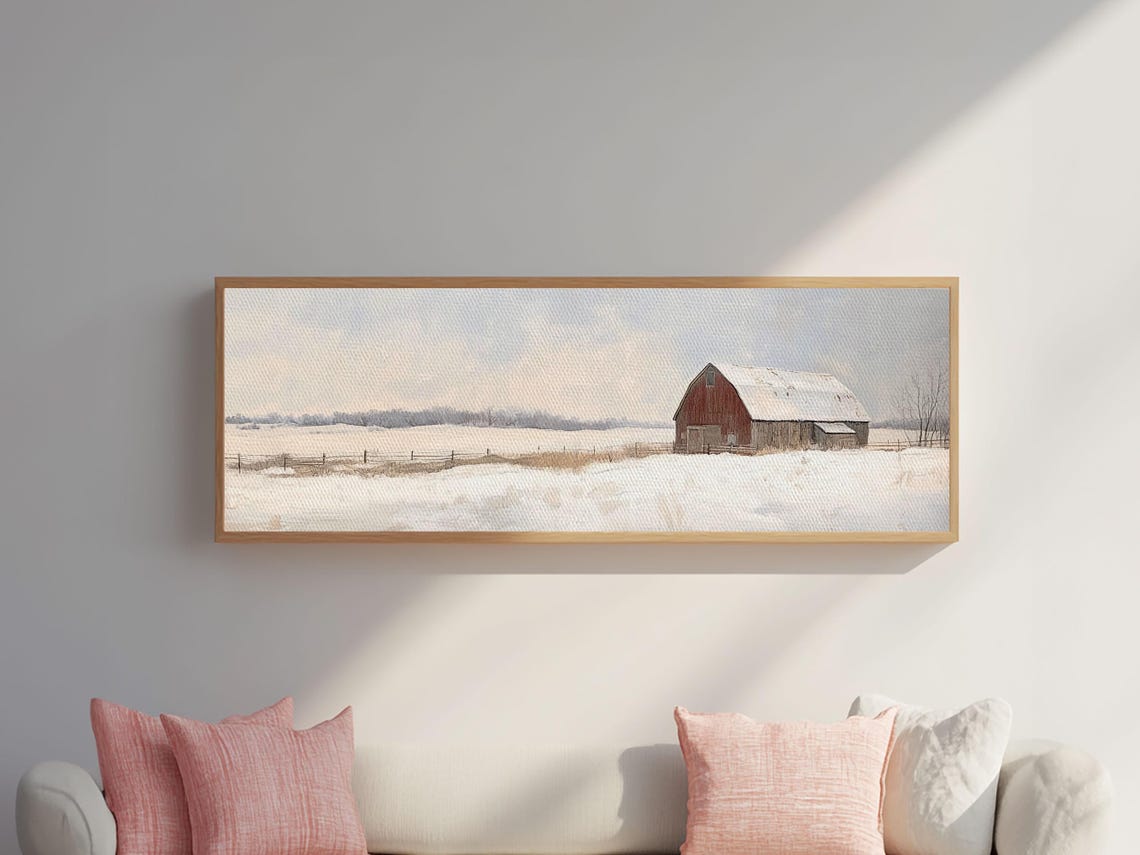 Red Barn Winter Snowy Field Panoramic Farmhouse Landscape Art Poster - Image 2