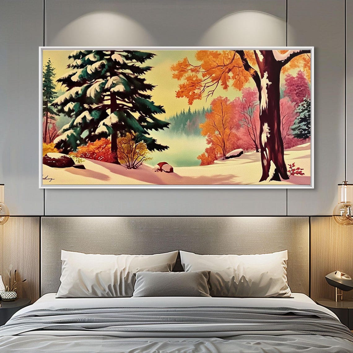 Retro 1950s Winter Landscape Snowy Pines Colorful Autumn Lake Poster