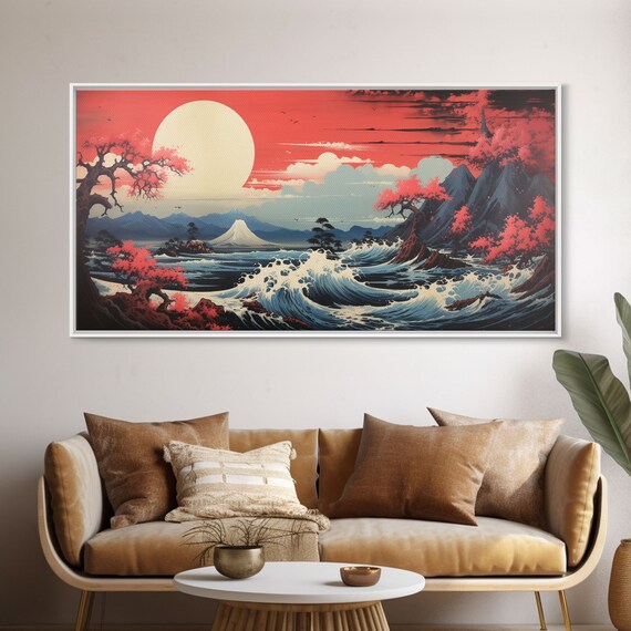 Mount Fuji Great Wave Red Sun Cherry Blossoms Japanese Woodblock Style Art Poster