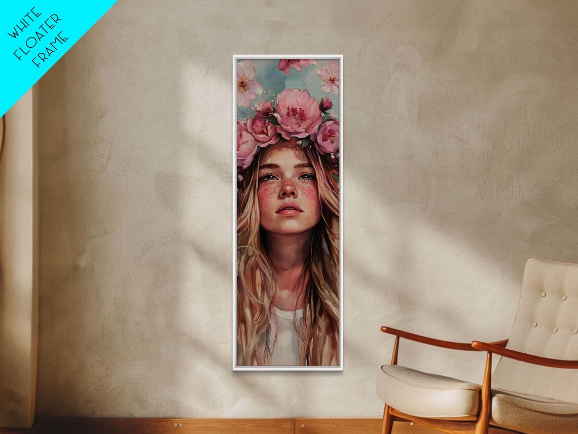 Flower Crown Girl Portrait Watercolor Blooming Pink Floral Wall Art - Image 2