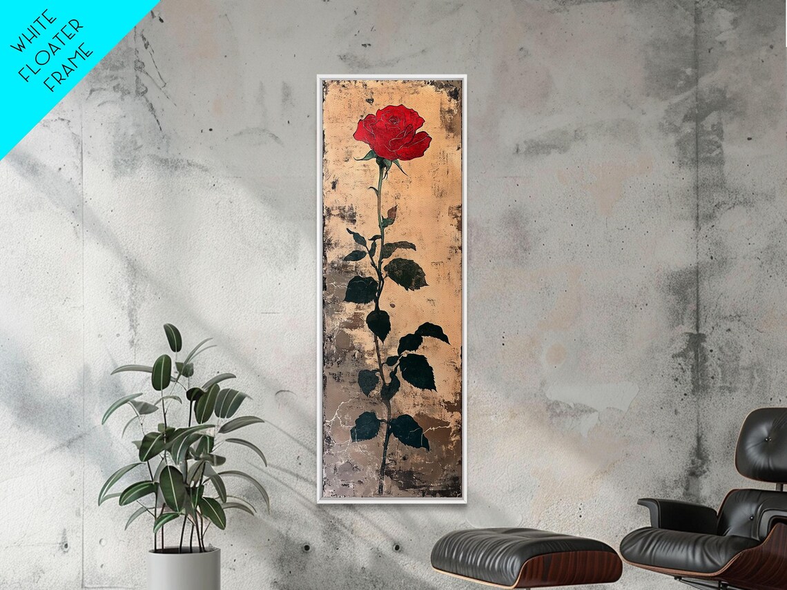 Single Red Rose Long Stem Japanese Woodblock Floral Wall Art - Image 2