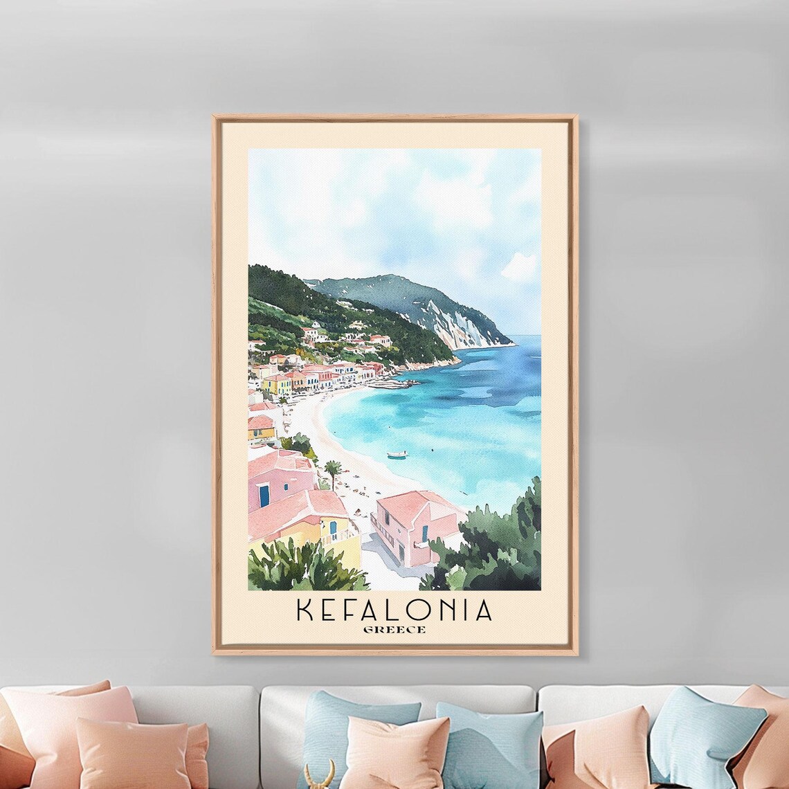 Kefalonia Greece Pastel Village Harbor Turquoise Bay Watercolor Art Poster - Image 3
