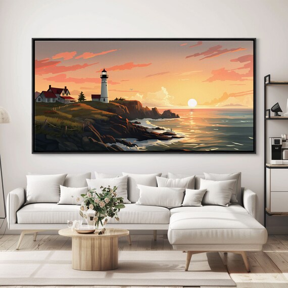 White Lighthouse Rocky Coast Sunset Orange Sky Ocean Waves Nautical Wall Art Poster