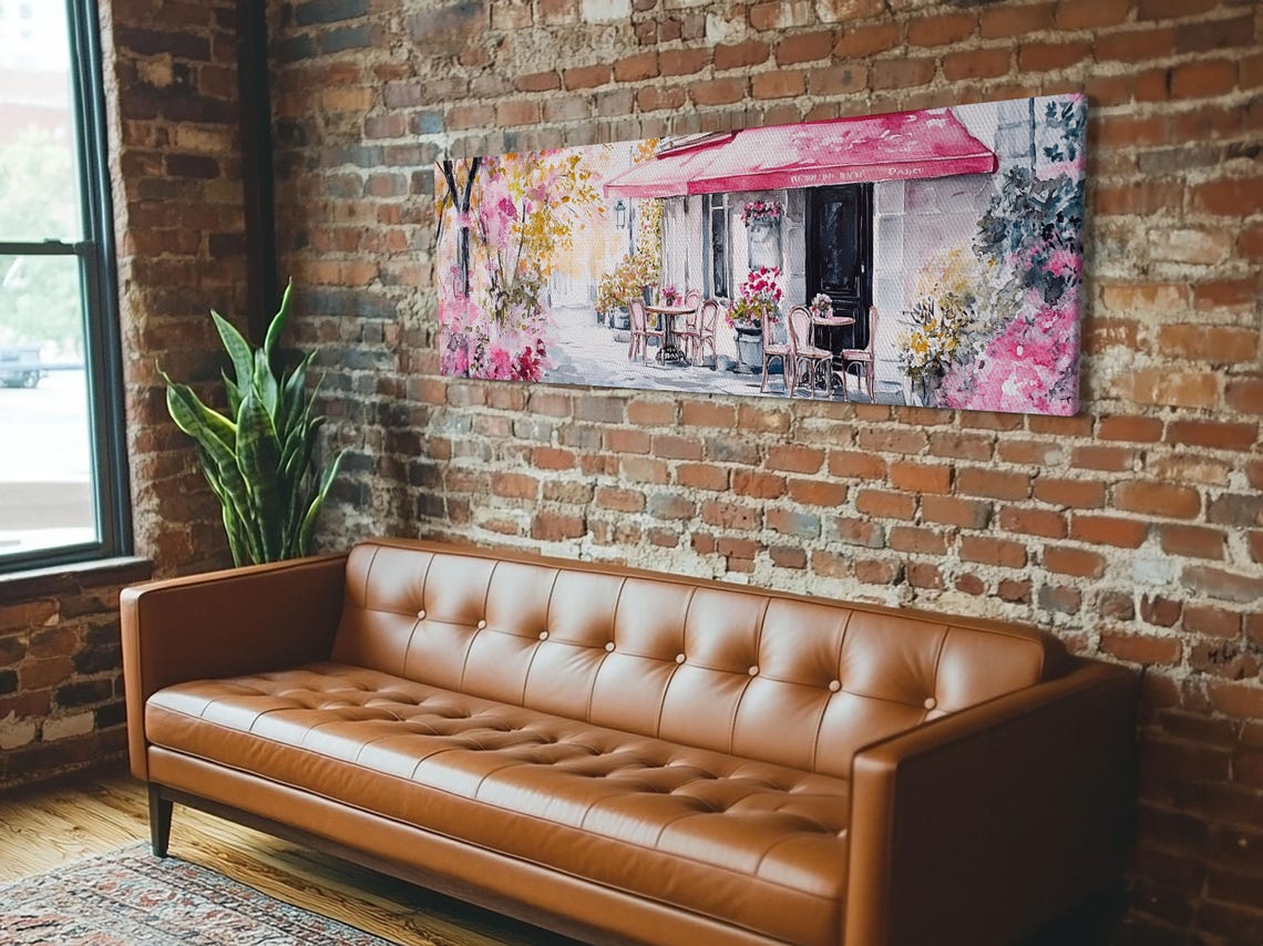 Parisian Cafe Cherry Blossom Painting Framed Print Extra Wide Art Horizontal Wall Art Rustic Above Sofa Decor - Image 4