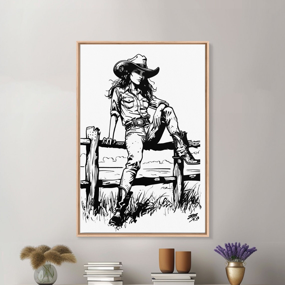Cowgirl Sitting Fence Black White Line Art Western Ranch Wall Print - Image 4