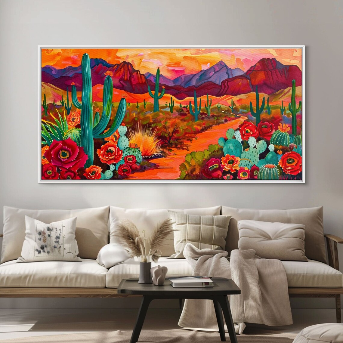 Desert Cactus Garden Red Blooms Orange Sunset Mountain Art Poster