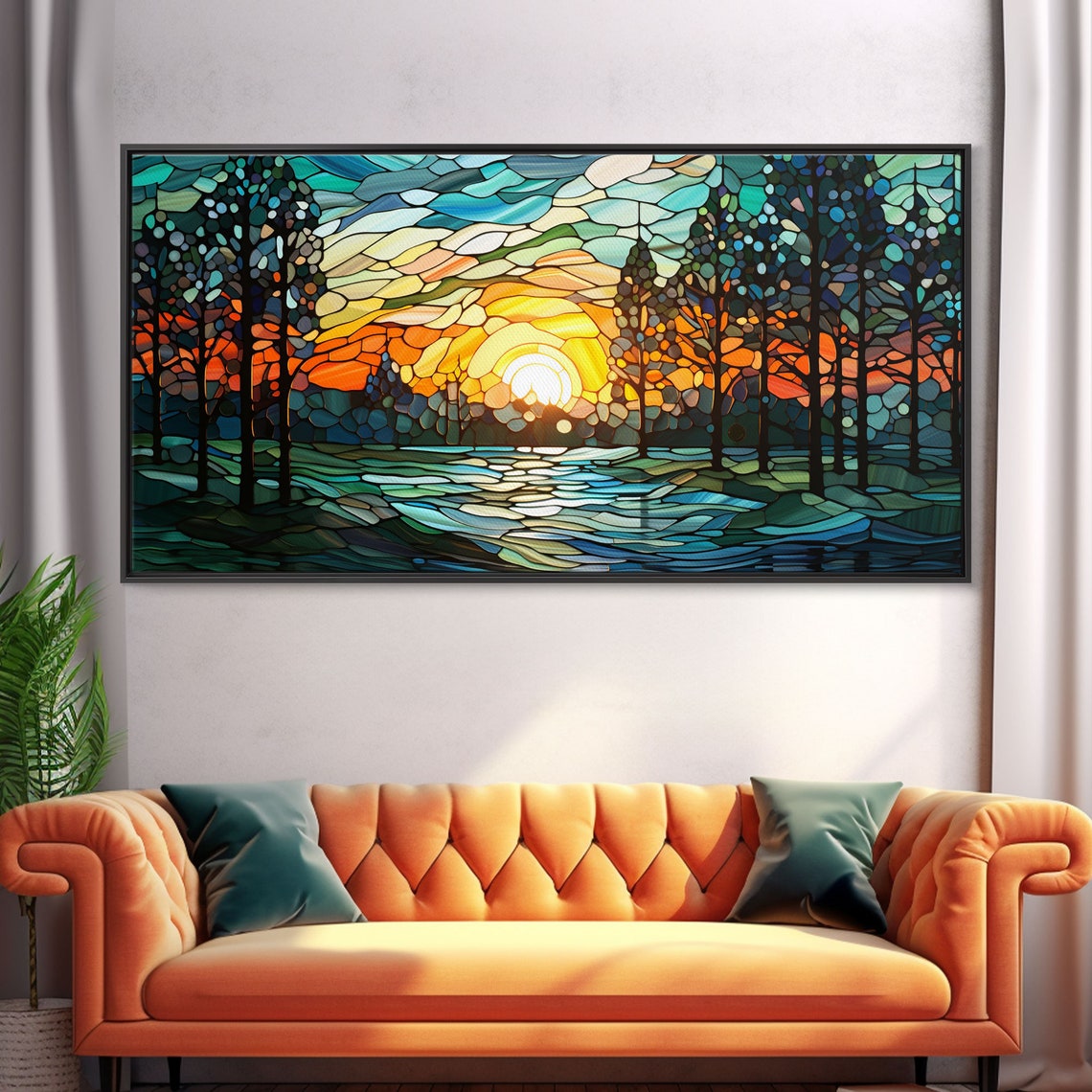 Stained Glass Sunset Over Water Through Trees Panoramic Art Poster - Image 5
