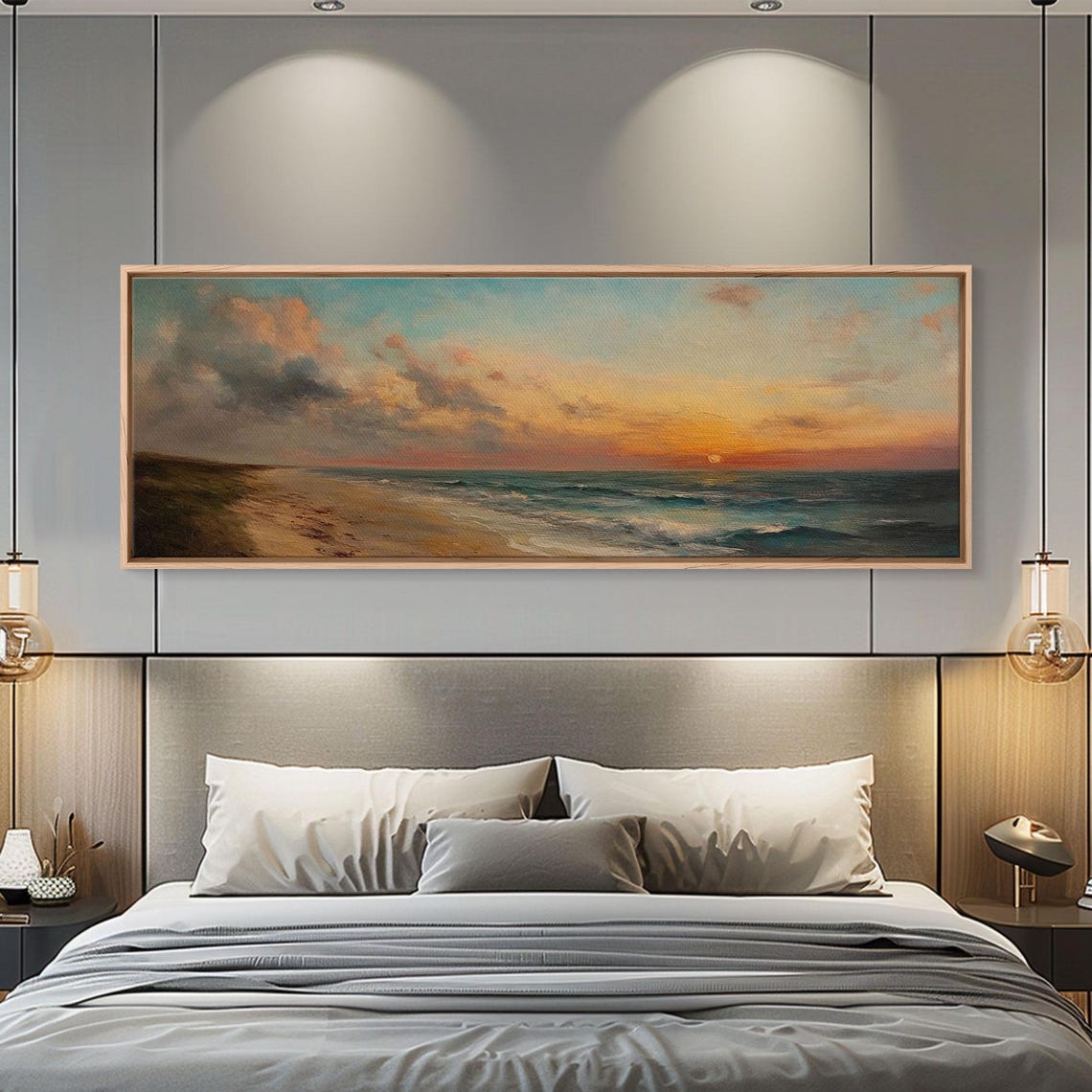 Muted Beach Sunset Calm Ocean Waves Vintage Oil Travel Poster - Image 6