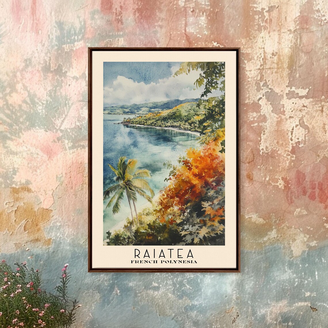 Raiatea French Polynesia Tropical Lagoon Hillside View Palm Trees Watercolor Poster