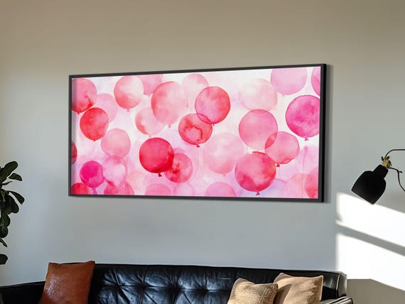 Pink Balloon Print Light Pink Wall Art Boho Birthday Celebration Art Minimalist Decor Living Room Horizontal Art