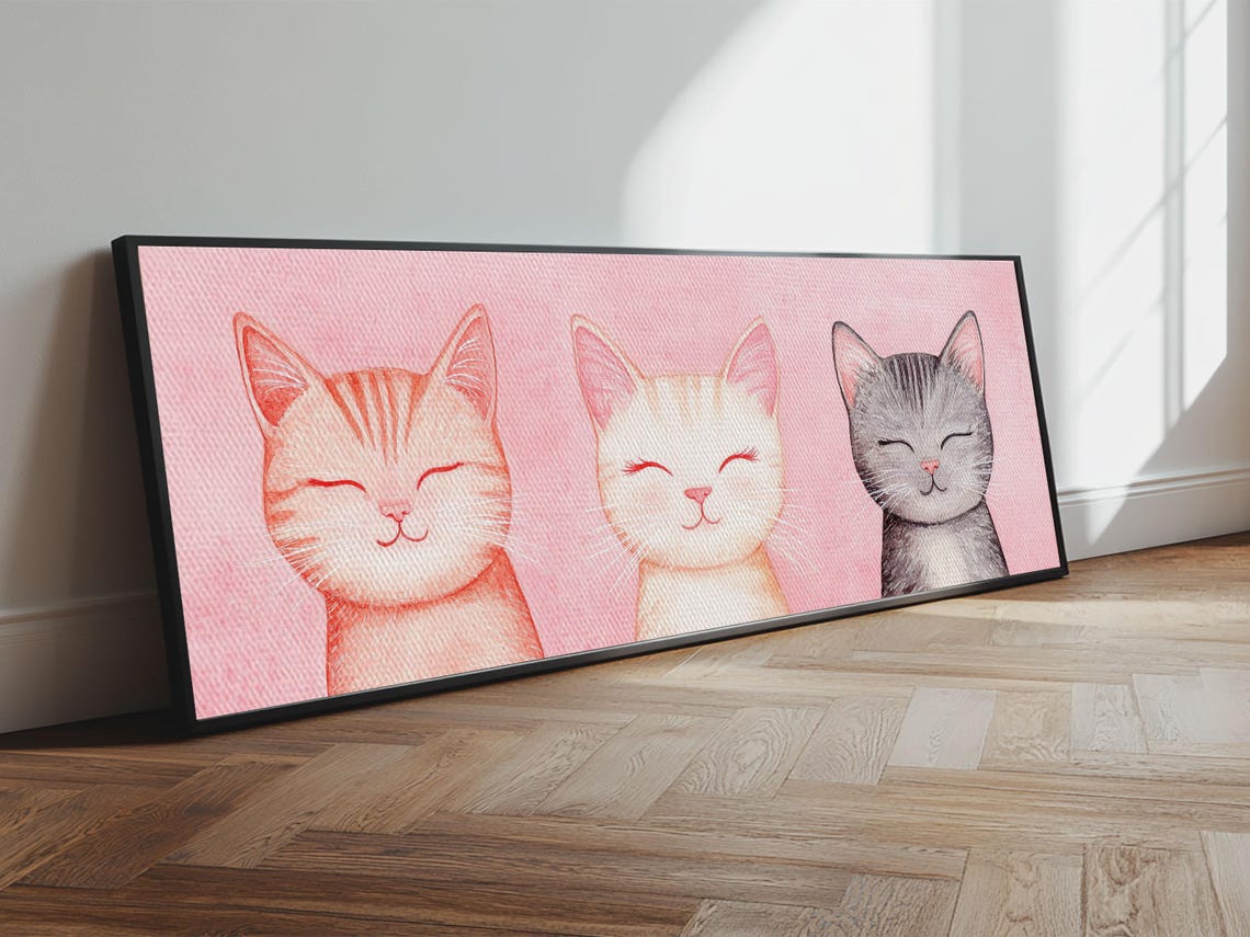 Three Smiling Cats Pink Whimsical Cat Portrait Cute Kittens Poster - Image 4