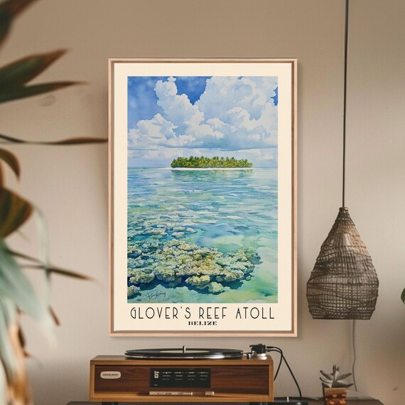 Glover's Reef Atoll Belize Palm Island Turquoise Coral Shallows Watercolor Poster