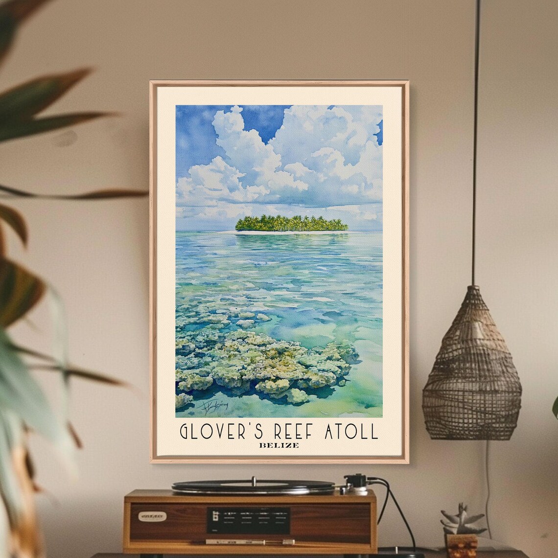 Glover's Reef Atoll Belize Palm Island Turquoise Coral Shallows Watercolor Poster