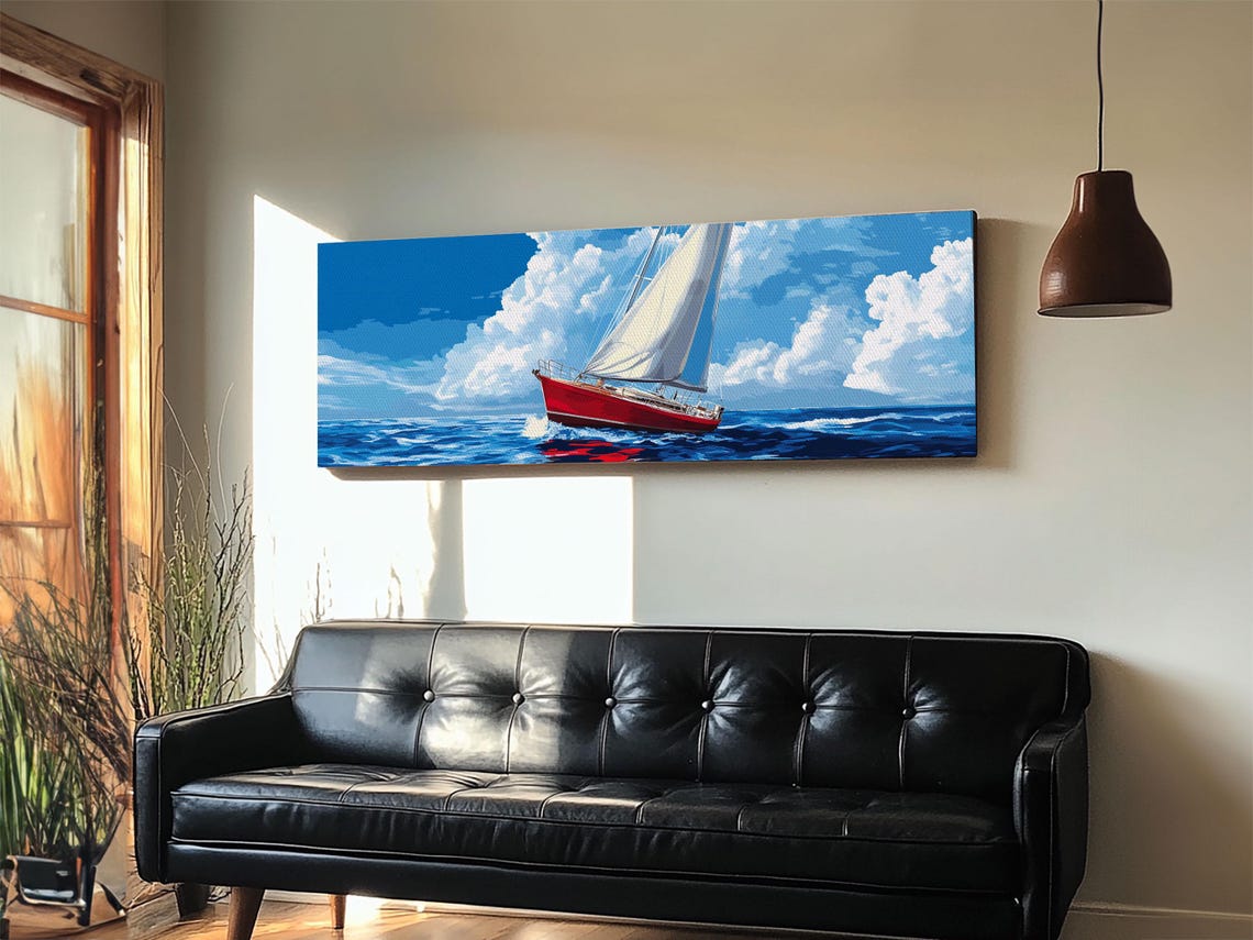 Red Sailboat Bright Blue Sea Pop Art Panoramic Nautical Wall Poster - Image 3