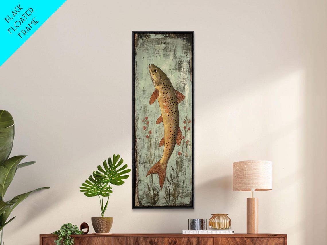 Leaping Brown Trout Vintage Rustic Fishing Wall Decor Poster