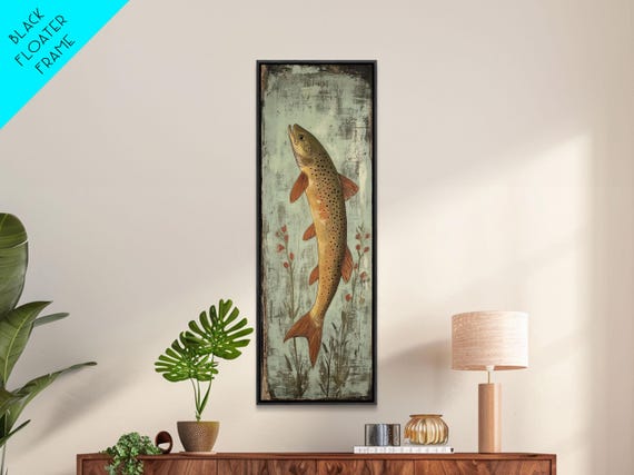Trout Art Rustic Framed Print Skinny Vertical Art Fly Fishing Art Rustic Decor Tall Narrow Art Guest Room Wall Decor
