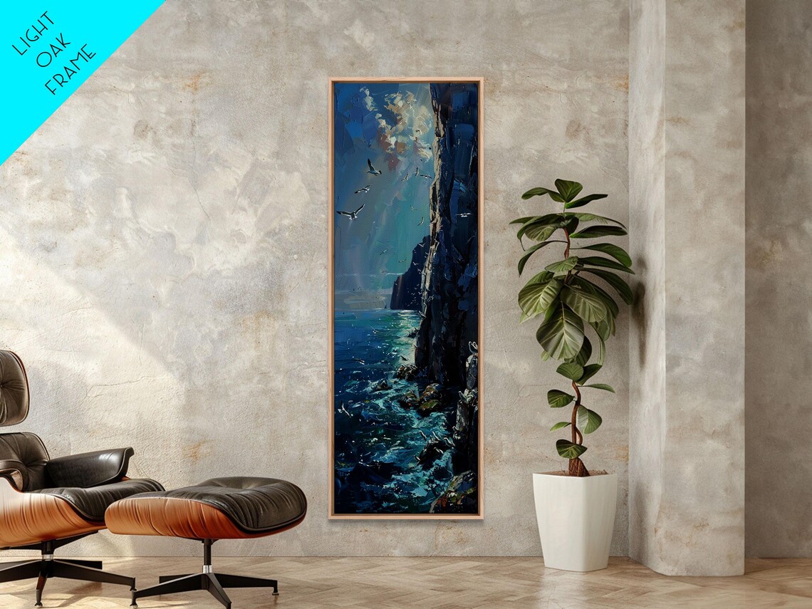 Seagulls Soaring Over Dark Ocean Cliffs Impasto Dramatic Seascape Poster - Image 4