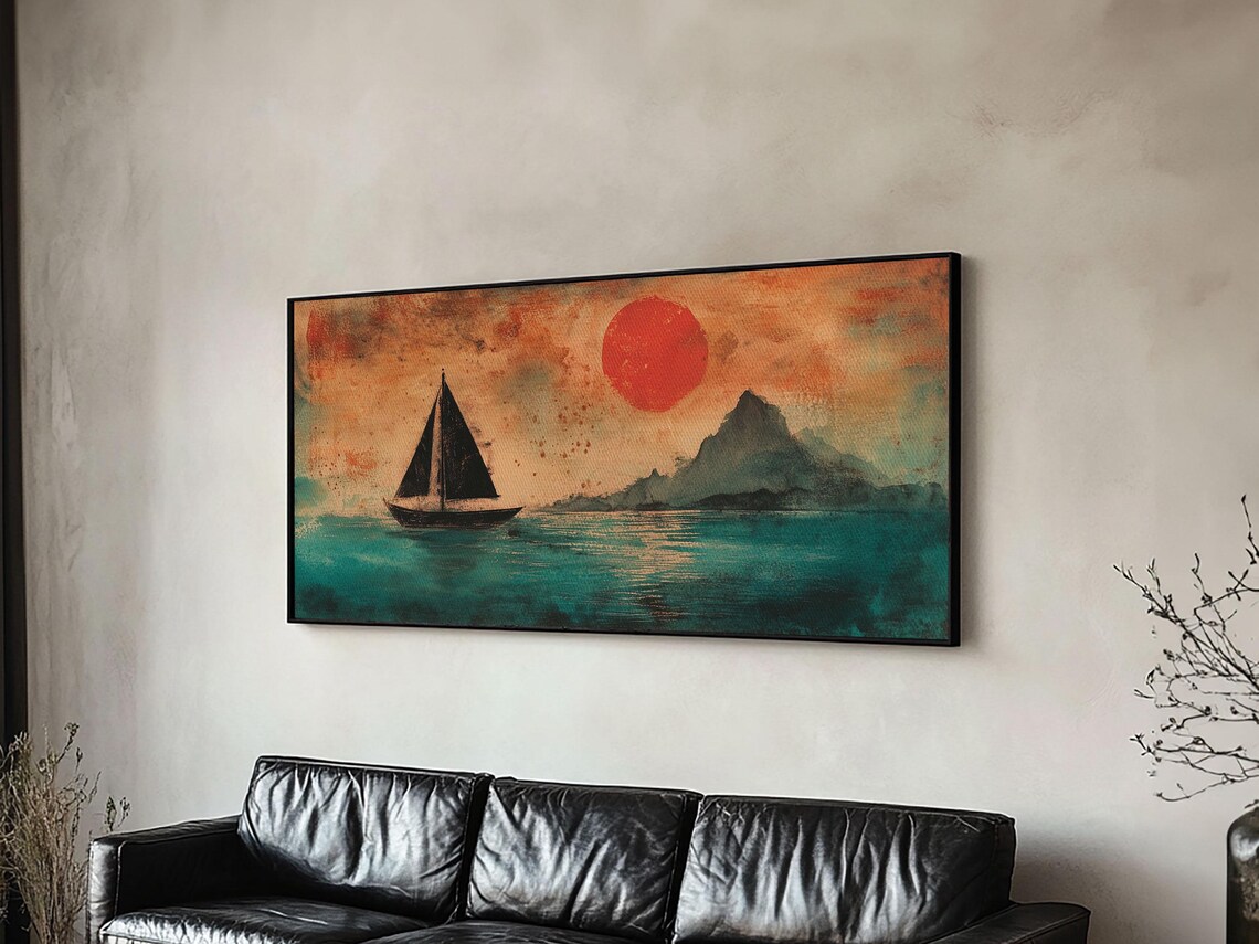 Sailboat Silhouette Under Red Sun Teal Sea Wabi Sabi Painting Wall Art - Image 5