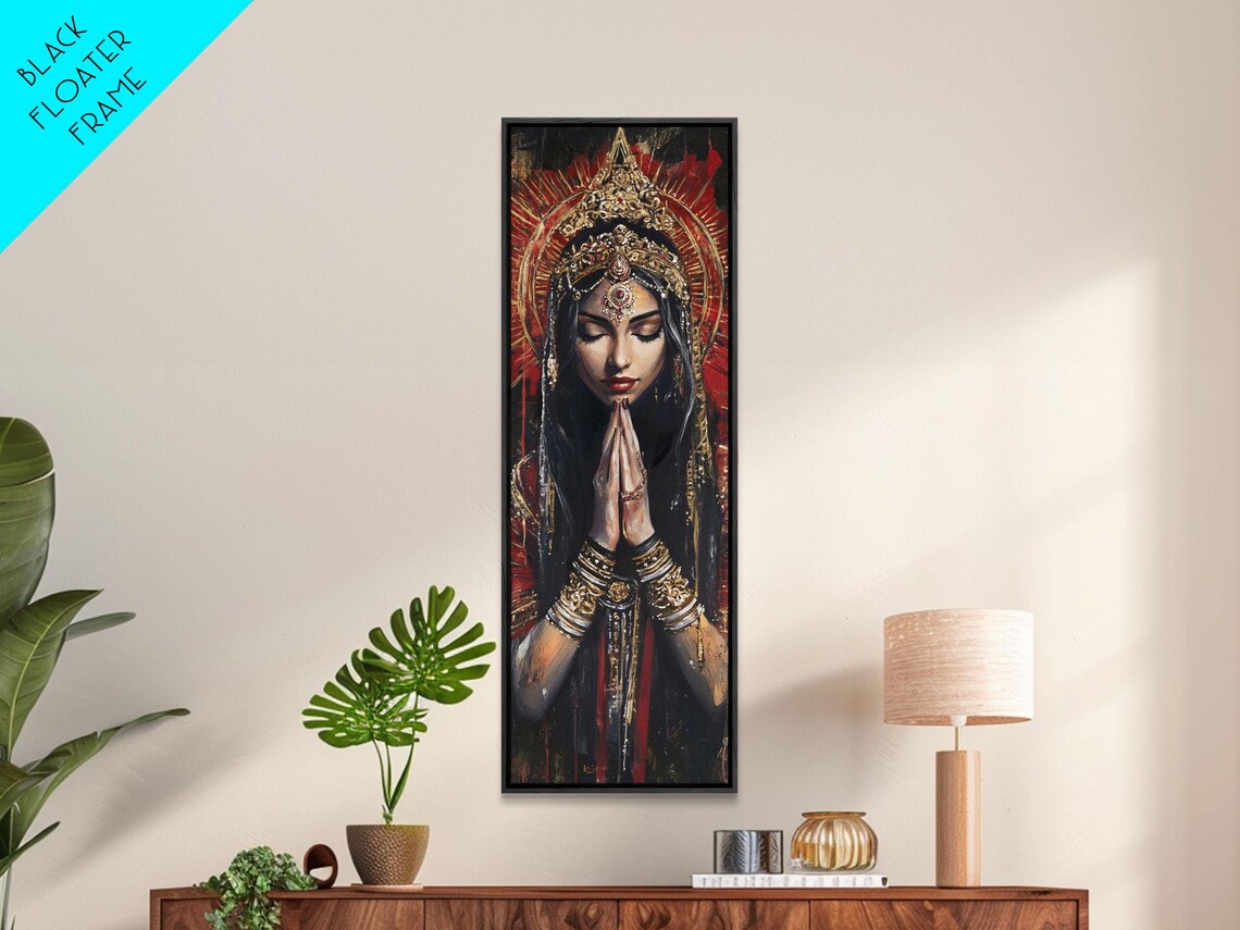Indian Goddess Prayer Golden Halo Dark Red Ornate Art Poster - Image 2