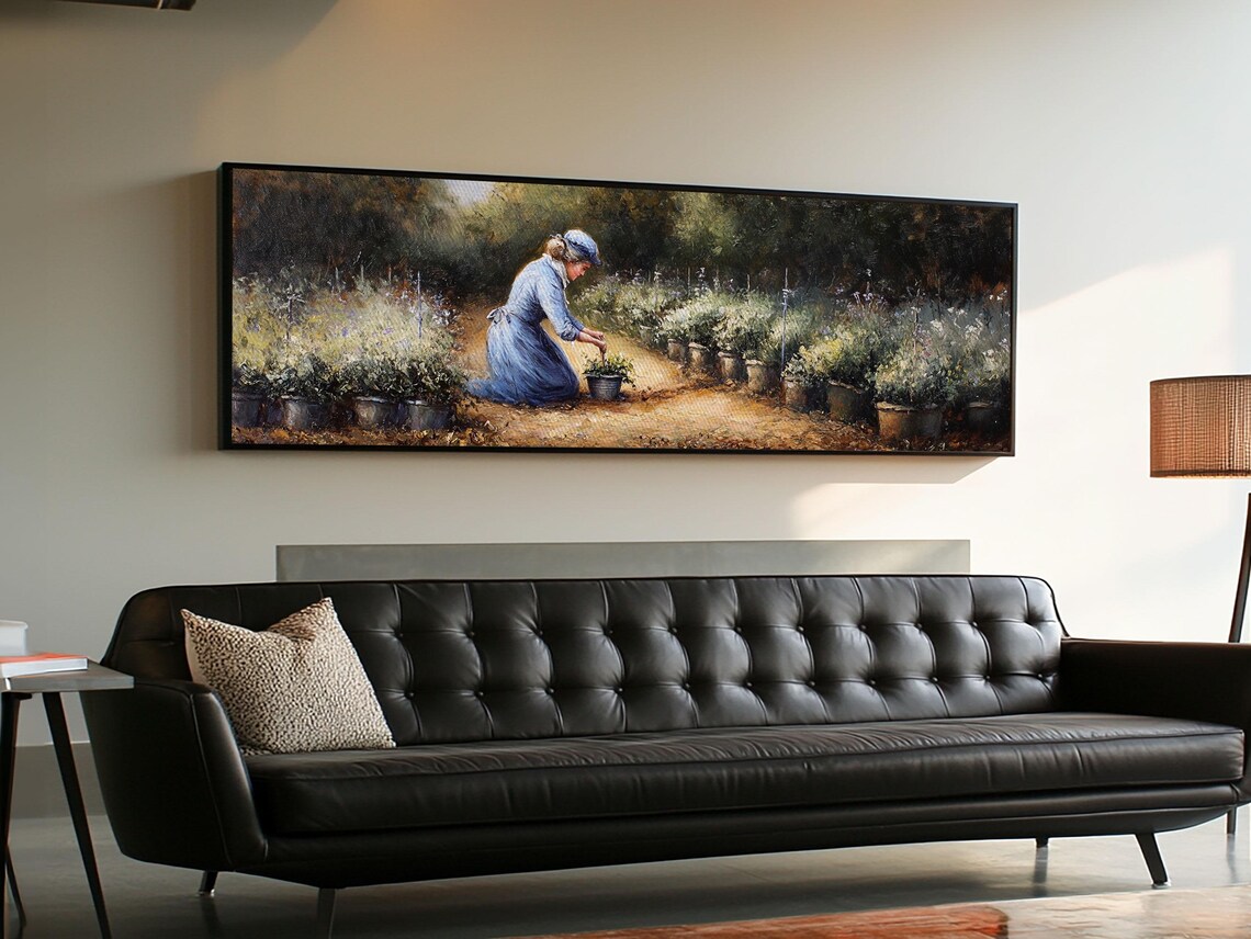 Woman Gardening Vintage Oil Painting Panoramic Garden Nursery Wall Poster - Image 2