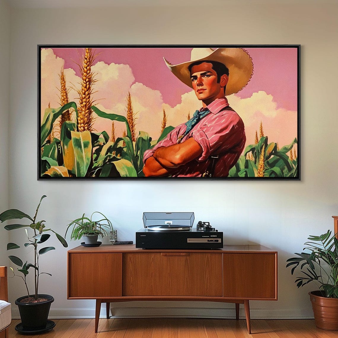 Surreal Cowboy Art Farmer Amongst The Corn Framed Print Farmhouse Pop Art Rustic Boho Style 1950s Retro Art - Image 4
