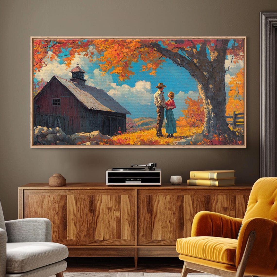 Western Couple Embracing By A Red Barn In Bright Autumn Art Print