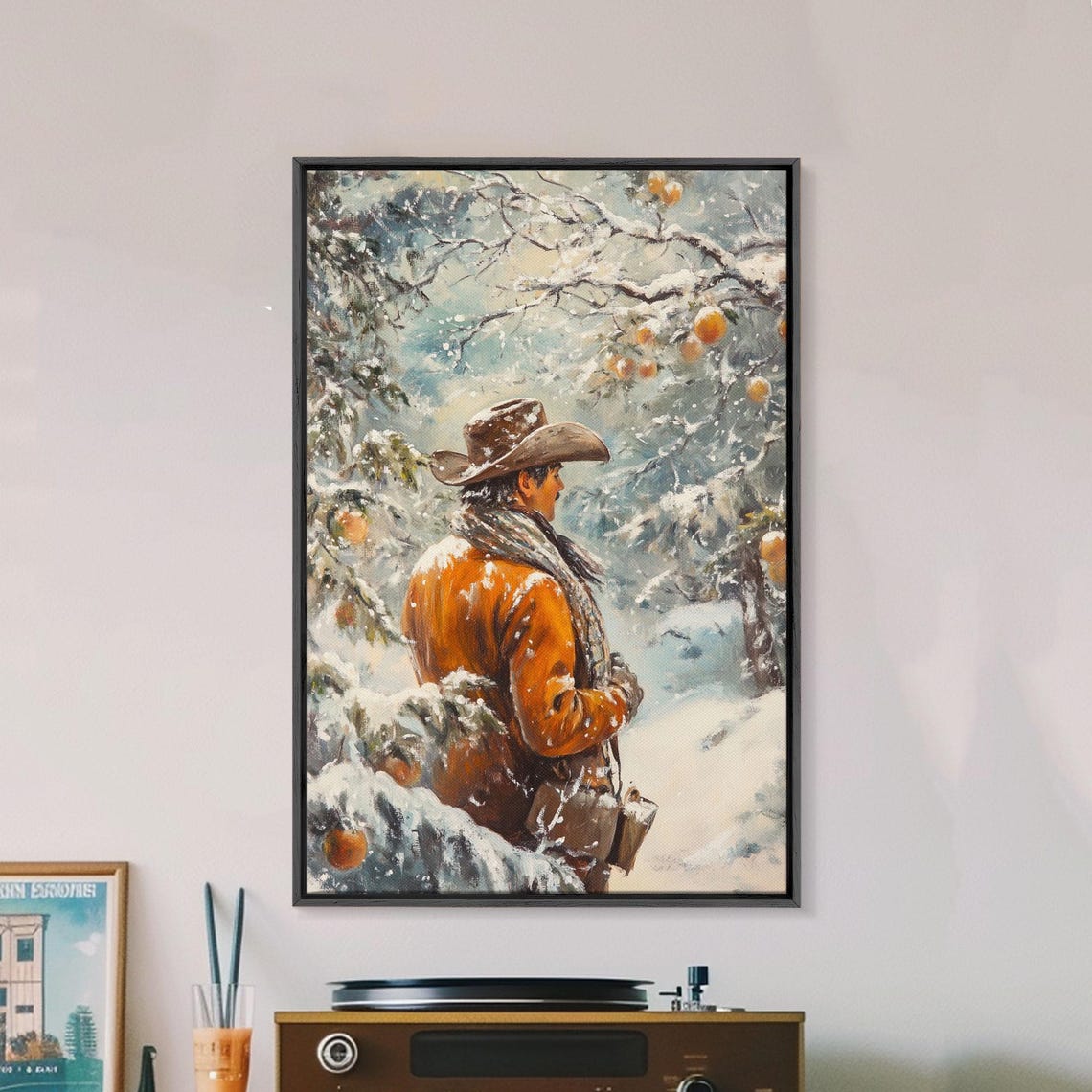 Cowboy In Snowy Orchard Winter Fruit Trees Painterly Western Poster - Image 5