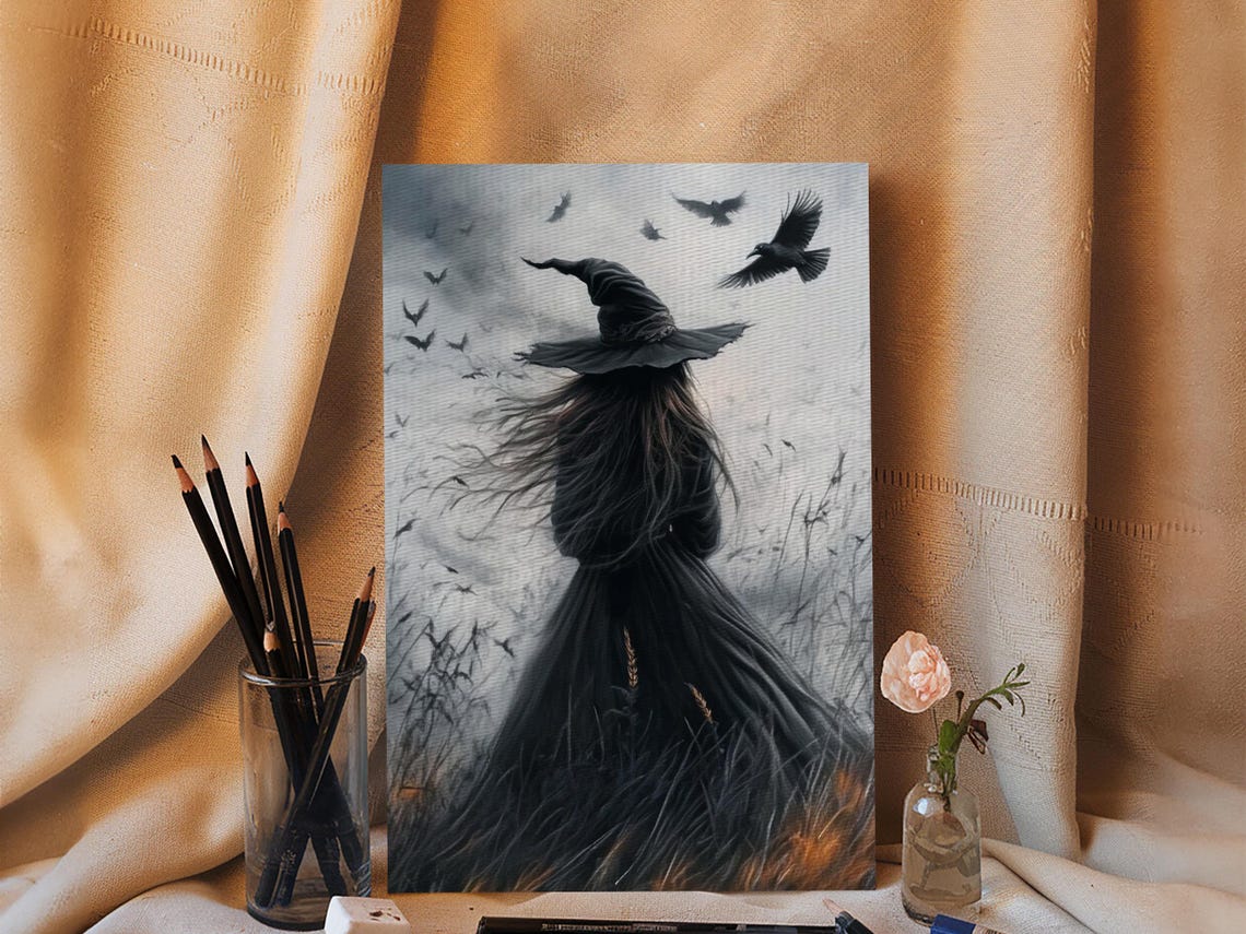 Witch With Crows From Behind Misty Field Gothic Spooky Season Poster - Image 4