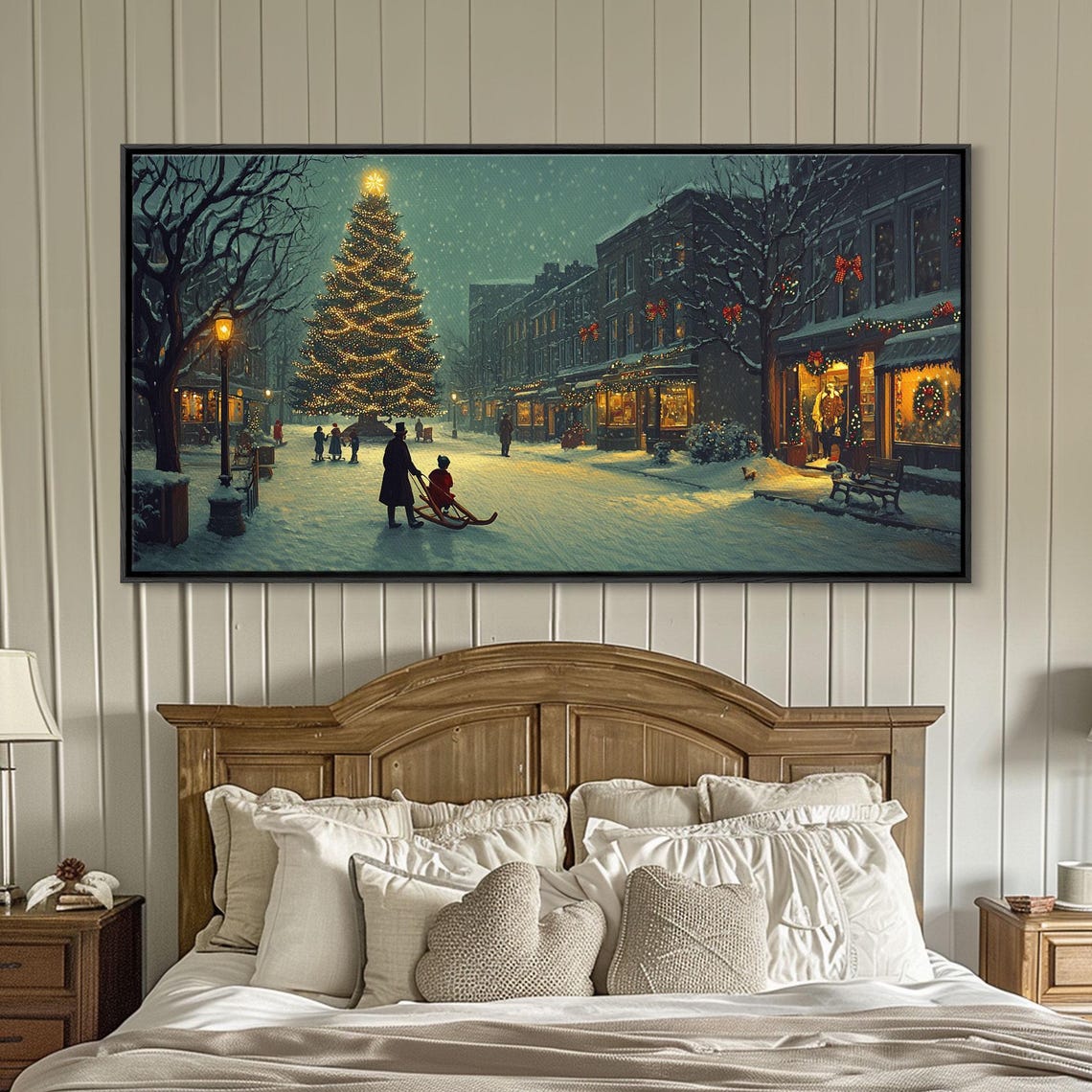 Snowy Christmas Village Square Lit Tree Sled Vintage Winter Print - Image 4