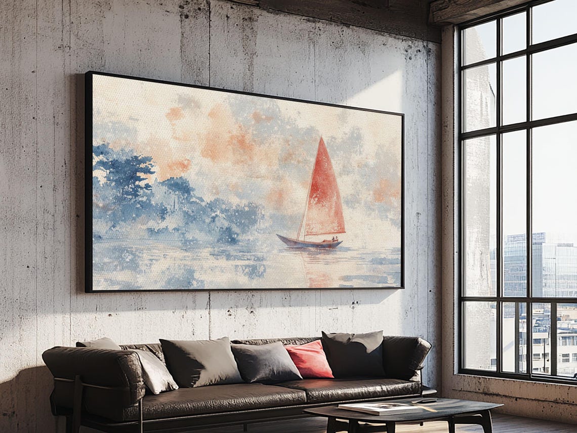 Sailboat With Red Sail On Calm Water Soft Watercolor Nautical Painting - Image 5