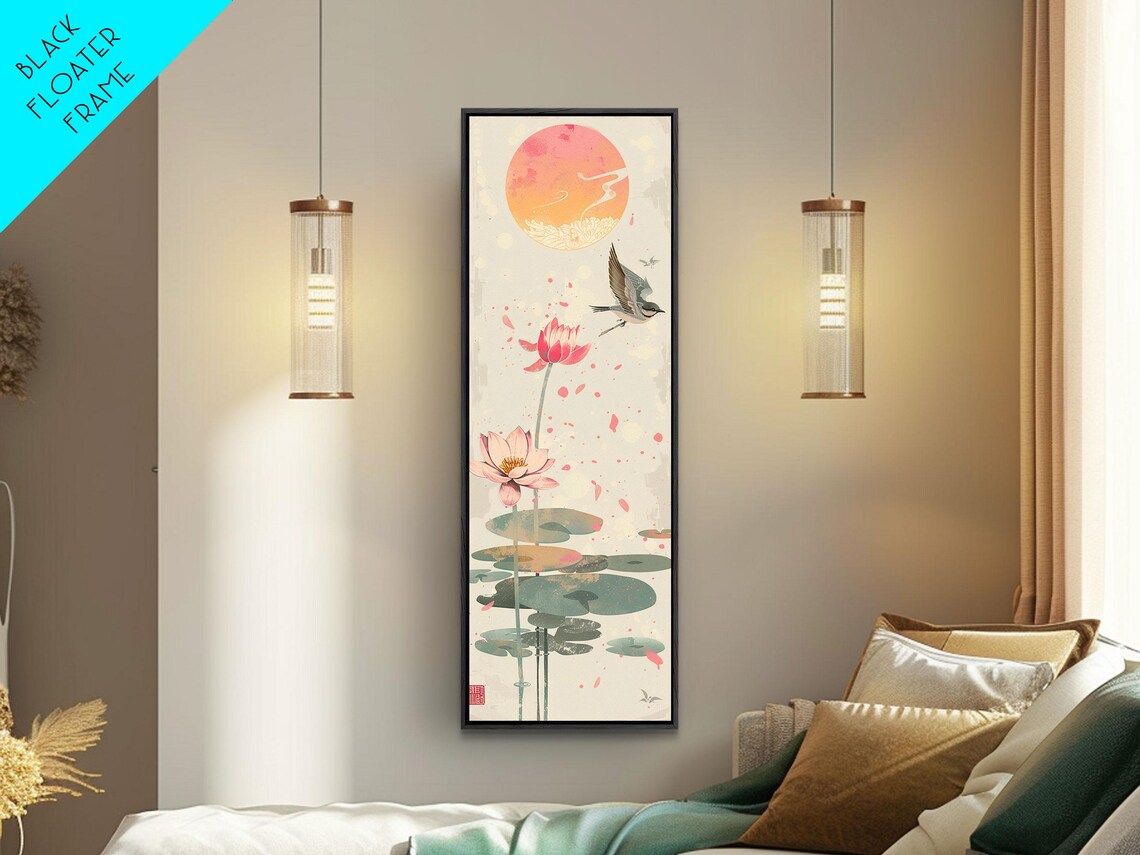 Pink Lotus Flowers Bird Red Sun Lily Pads Japanese Art Poster - Image 5