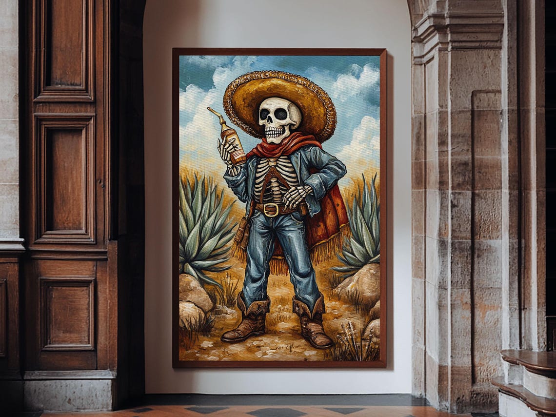Mexican Skeleton Cowboy Sombrero Tequila Bottle Desert Art Poster - Image 5