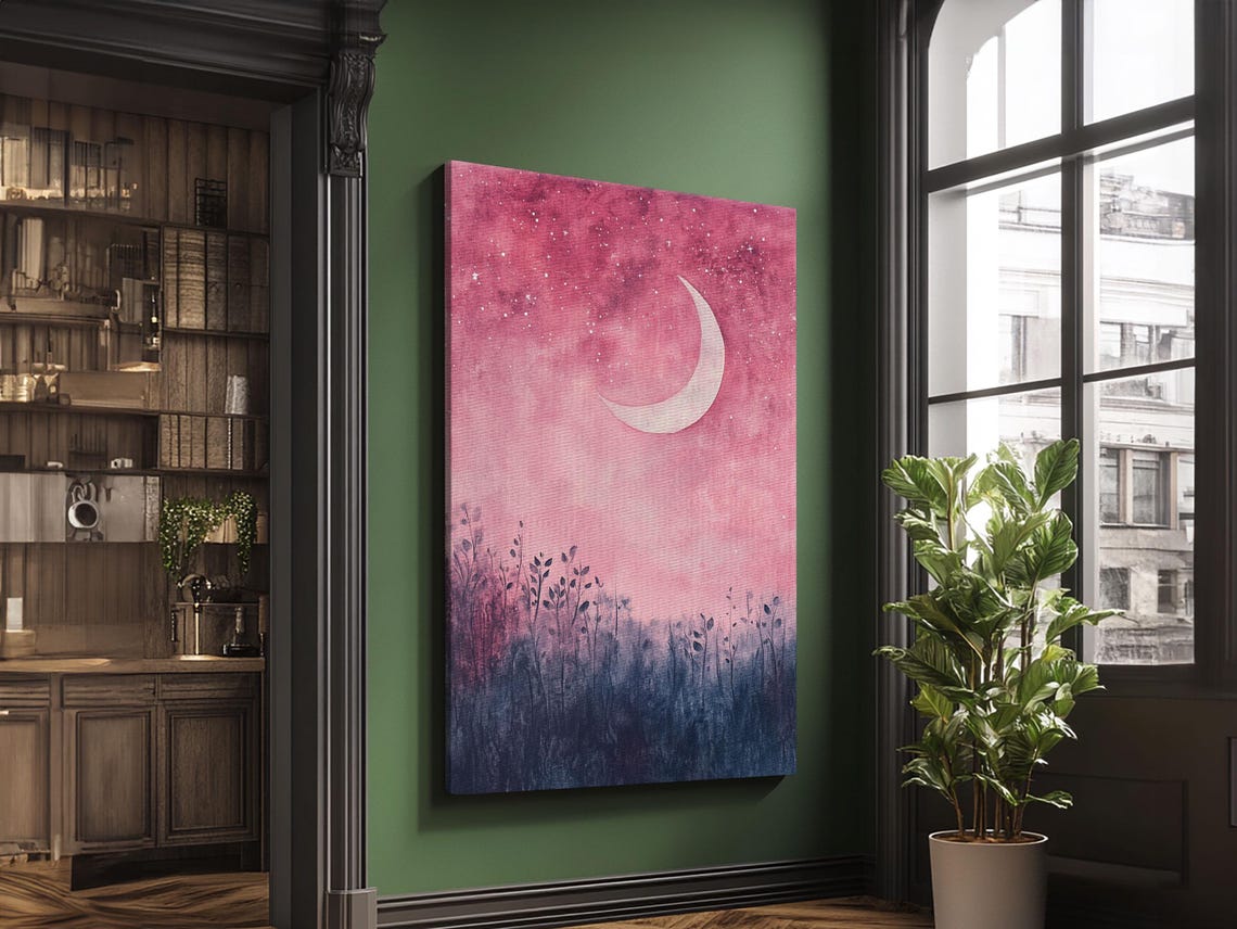 Crescent Moon Over Pink Starry Night Meadow Watercolor Wall Art - Image 5