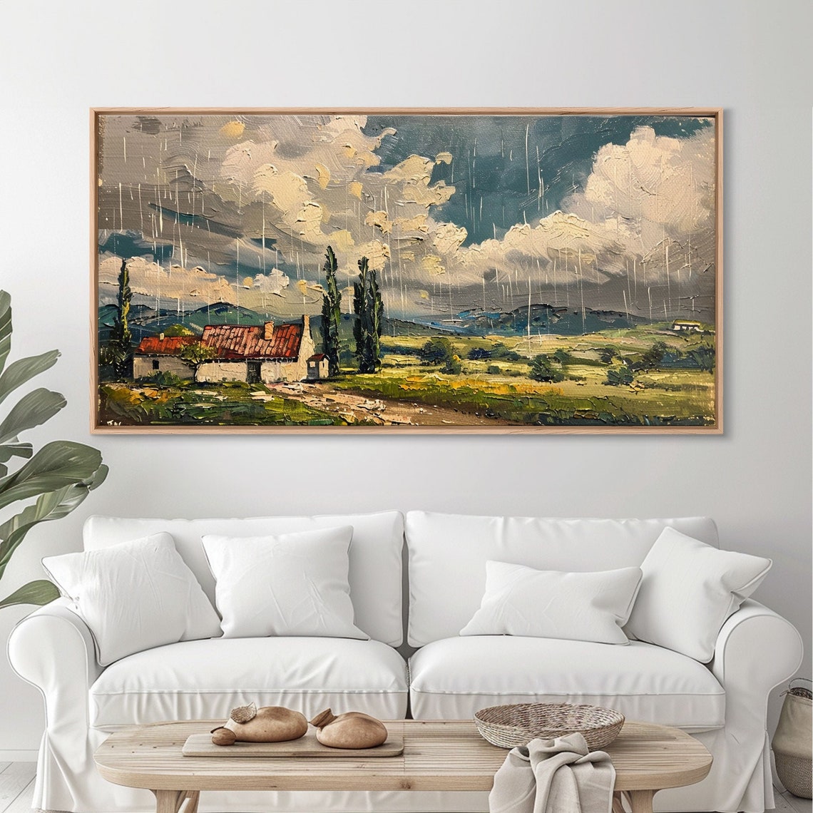 Rainy Day Over Cottage Textured Landscape Art Framed Print Boho Decor Farmhouse Style Moody Wall Art