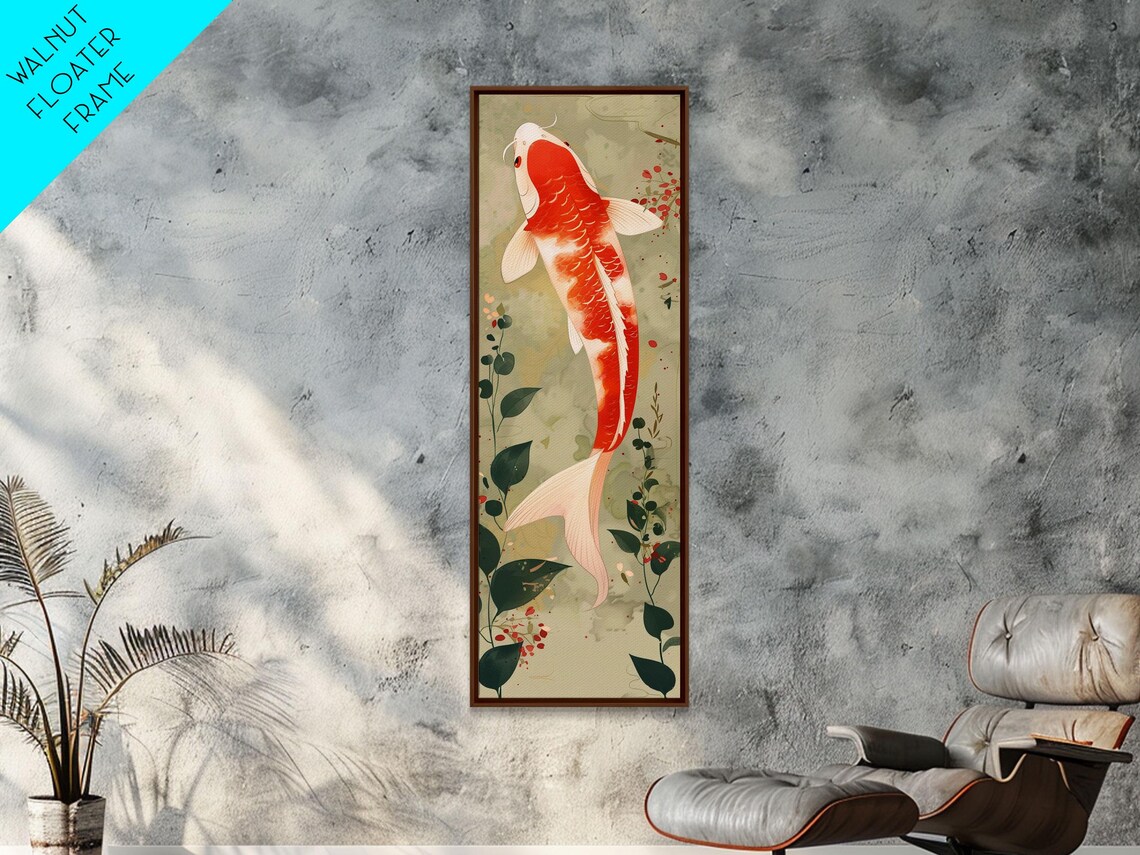 Koi Fish Swimming Gracefully Among Greenery Tall Art Ukiyo E Art Framed Print - Image 6